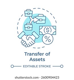 Transfer of assets soft blue concept icon. Movement of ownership in corporate group. Intercompany transactions. Round shape line illustration. Abstract idea. Graphic design. Easy to use in booklet