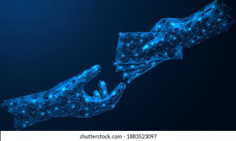 Transfer of banknotes. The hand puts cash in the other. Polygonal construction of concatenated lines and points. Blue background.