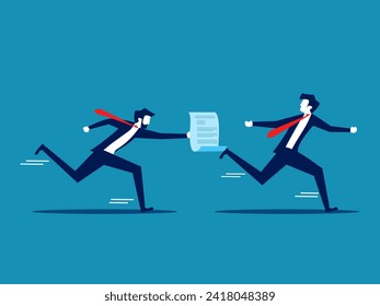 Transfer business knowledge. Businessman passes documents to colleagues