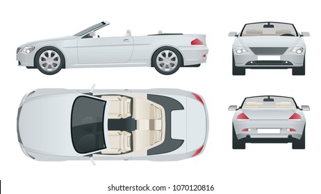 Transfer, Cabriolet car. Cabrio coupe vehicle template vector isolated on white. View front, rear, side, top. All elements in groups