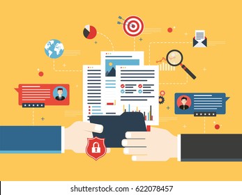  Transfer of confidential documents between businessmen, with reports and analysis of data. Concept of private data sharing and secret business investments. Flat vector illustration.