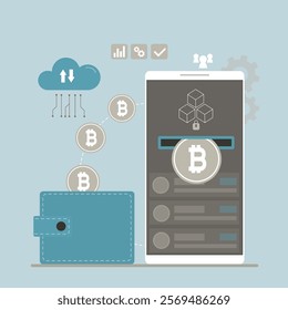 Transfer and converting bitcoin. Crypto market, digital money and wallet. Mobile app for p2p exchange and trading. Global bitcoin transactions. blockchain technology system. flat vector illustration