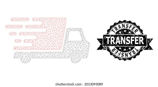 Transferir el modelo de malla del coche de cierre corroido y de entrega vectorial. El sello negro incluye el texto de transferencia dentro de cinta y rosette. Resumen del coche de entrega de malla plana, construido a partir de malla plana.
