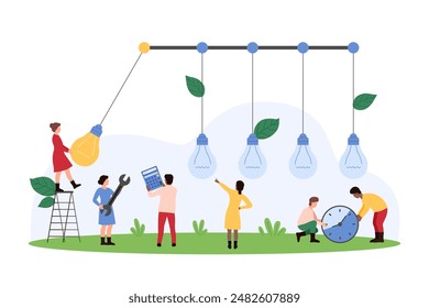 Transfer of creative ideas and knowledge to business team, motivation. Tiny people share energy and shine bright light bulb, impact and change balance with pendulum action cartoon vector illustration