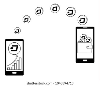 transfer dash from phone to wallet in another phone , buying dash in the phone, transfer crypto currensy  in the wallet, phone with growth diagram on a screen