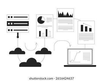Transfer data analytics from server to laptop line illustration concept. Cloud computing, database processing, business intelligence outline 2D composition isolated. Ink linear metaphor vector art
