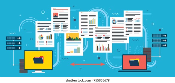 Transfer data between computer and laptop. Concept backup data and computer network. Flat vector illustration.