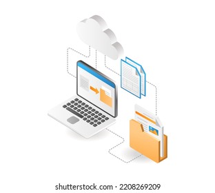 Transfer data to cloud server in isometric flat illustration
