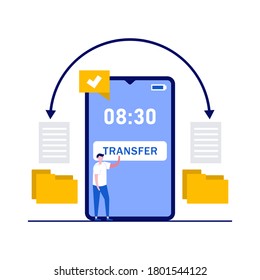 Transfer data and document concept with characters. Copy files, data exchange, synchronization app, file sharing via internet. Modern vector illustration in flat style for hero images.