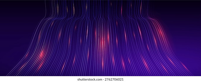 Transfer Data Flow Network Neon Light Wave Stream, Connection Technology BG, Falling Digital Ai Wavy Line Background. Speed 5G Connection. Synergy Energy Fall Futuristic Glowing. Vector Illustration