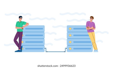 transfer data migration vector. file technology, system backup, exchange computer transfer data migration character. people flat cartoon illustration