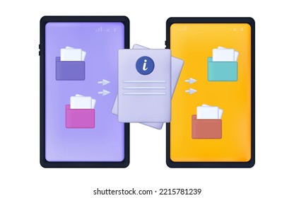 Transfer document data 3d . An informational digital file is moved to the cloud, phone, to a disk. Old, spent document is archived. Loading files, access, share up info, upload, backup folder. Vector.