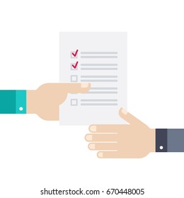 Transfer of document, to-do list from hand to hand.  Vector illustration business concept design.