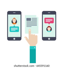 Transfer of documents online. The hand holds a document between the phone.  Flat design vector illustration.