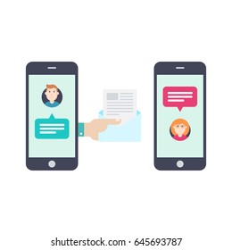 Transfer of documents online. The hand holds a envelope between the phone. Send email using phone. Flat design vector illustration.