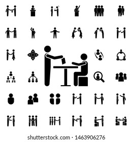 Transfer documents to the seated person icon. Universal set of conversation for website design and development, app development
