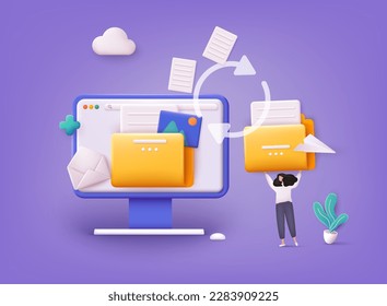 Transfer file of data between folder. Transmission of document. Backup of information on pc system. Exchange of file. 3D Vector Illustrations. 