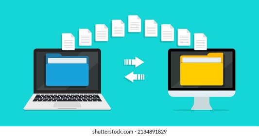 Transferir archivo de datos entre el ordenador portátil y el equipo. Transmisión del documento. Copia de seguridad de información sobre el sistema pc. Intercambio de archivo en la carpeta en el portátil. Enviar y mover documentos en Internet. Vector.