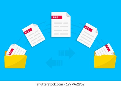 Transferir archivo. Intercambio de datos. Carpetas con archivos de papel. Compartir archivos, copiar. Transmisión de documentos. Carga remota de archivos y carpetas. Cifrado de datos, conexión protegida. Ilustración del vector