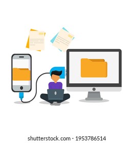 transfer file from smartphone to computer flat illustration