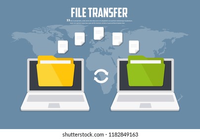 Transfer files. Backup files. Communication between two computers. Vector flat icon