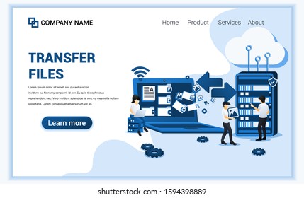 transfer files concept with characters. Can use for web banner, landing page, infographic, web template. Flat vector illustration