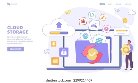 Transfer files, safe cloud storage, data synchronisation, device move file to secure cloud storage. Design concept for landing page. Flat vector illustration with characters for website, print, banner