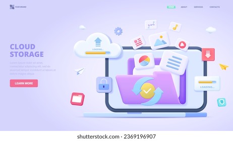 Transfer files, safe cloud storage, data synchronisation, device move file to secure cloud storage. Three dimensional design concept for landing page. 3d vector illustration for website, print, banner