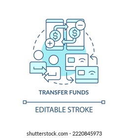 Transfer funds turquoise concept icon. Online payments. Net banking benefit abstract idea thin line illustration. Isolated outline drawing. Editable stroke. Arial, Myriad Pro-Bold fonts used