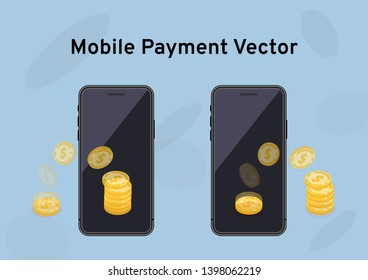 The transfer of gold coins on the mock up screen, money transfer or financial transactions via mobile apps, smart phone with internet banking payment, flat vector design concept