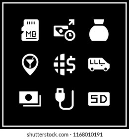 transfer icon. 9 transfer vector set. minibus, sd card, bar pin and money icons for web and design about transfer theme