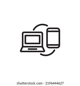 transfer icon, send file, send data, via computer, laptop, smartphone, simple line design on white background.