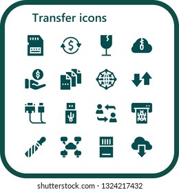transfer icon set. 16 filled transfer icons.  Simple modern icons about  - Sd card, Currency exchange, Fragile, Zip cloud, Payment, File, Network, Transfer, Cable, Usb, Atm, Memory card