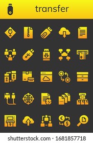 transfer icon set. 26 filled transfer icons.  Simple modern icons such as: Fragile, Pendrive, File, Cloud, Network, Atm, Transfer, Payment, Currency, Filing, Cable, Money exchange