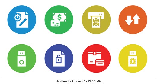 conjunto de iconos de transferencia. 8 iconos de transferencia rellenados.  Iconos modernos sencillos como: Archivo, Usb, Pago, Atm, Transferencia