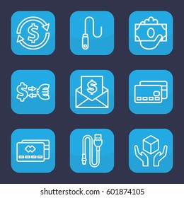 transfer icon. Set of 9 outline transfer icons such as handle with care, wire, envelope with dollar bill, money exchange, credit card