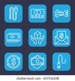Transfer icon. set of 9 outline transfer icons such as credit card, handle with care, wire, envelope with dollar bill, money exchange
