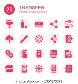 transfer icon set. Collection of 20 filled transfer icons included Cable, Usb, Bill, Network, Usb cable, Upload, File, Networking, Exchange, Sd card, Transfer, Atm