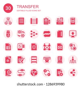 transfer icon set. Collection of 30 filled transfer icons included Network, File, Rack, Payment, Pendrive, Exchange, Transfer, Credit, Atm, Upload, Currency, Cable, Usb cable