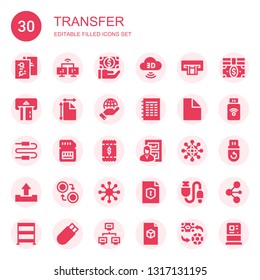 transfer icon set. Collection of 30 filled transfer icons included File, Network, Payment, Computing cloud, Atm, Connector, Memory card, Bill, Files, Networking, Upload, Currency