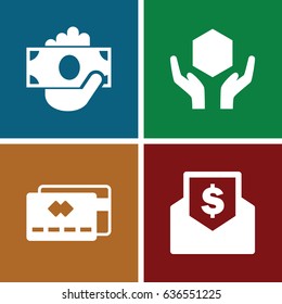 Transfer icons set. set of 4 transfer filled icons such as handle with care, envelope with dollar bill, credit card