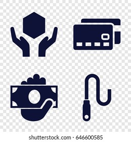 Transfer icons set. set of 4 transfer filled icons such as handle with care, wire, credit card