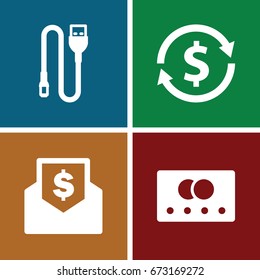 Transfer icons set. set of 4 transfer filled icons such as credit card, wire, envelope with dollar bill