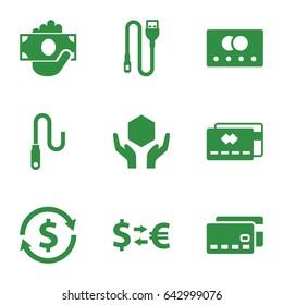 Transfer icons set. set of 9 transfer filled icons such as credit card, handle with care, wire, money exchange