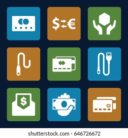Transfer icons set. set of 9 transfer filled icons such as credit card, handle with care, wire, envelope with dollar bill, money exchange