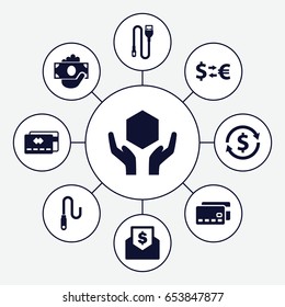 Transfer icons set. set of 9 transfer filled icons such as handle with care, wire, envelope with dollar bill, credit card, money exchange