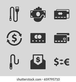 Transfer icons set. set of 9 transfer filled icons such as credit card, wire, envelope with dollar bill, money exchange