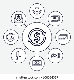 Transfer icons set. set of 9 transfer outline icons such as credit card, handle with care, wire, envelope with dollar bill, money exchange