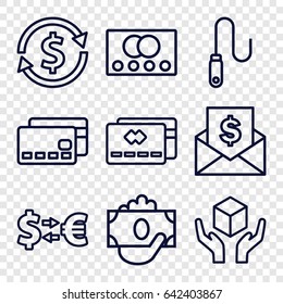 Transfer icons set. set of 9 transfer outline icons such as credit card, handle with care, wire, envelope with dollar bill, money exchange
