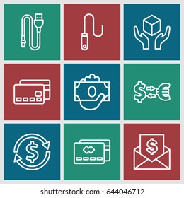 Transfer icons set. set of 9 transfer outline icons such as handle with care, wire, envelope with dollar bill, money exchange, credit card